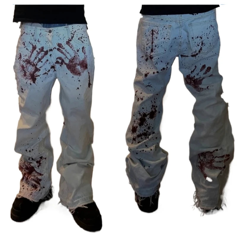 American Retro Horror Blood Hand Halloween Jeans Men's and Women's Y2K New Popular Harajuku Hip-Hop Gothic Loose Street Clothes