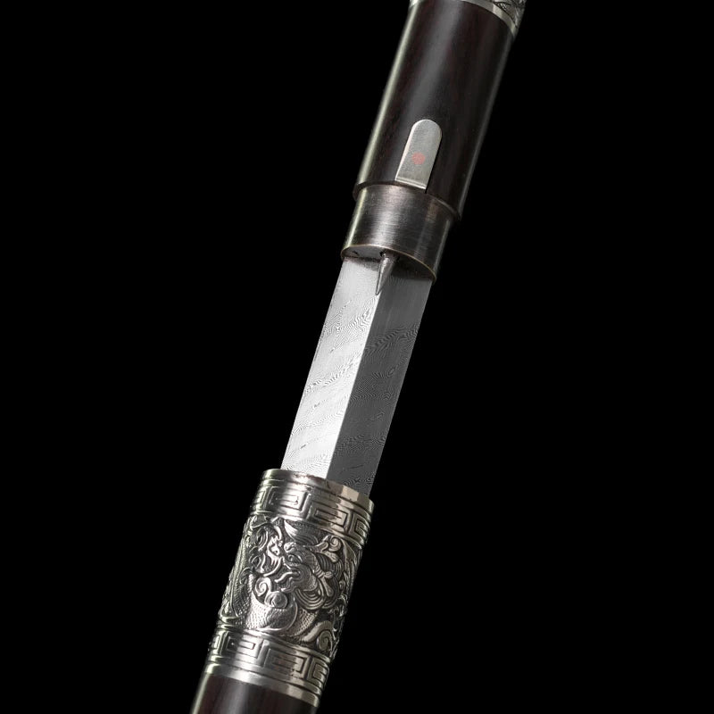 Chinese Staff Sword Folded Steel Damascus Blade Sharp Real Ebony Wood Scabbard Walking Stick Samurai Swords Silver Dragon Katana
