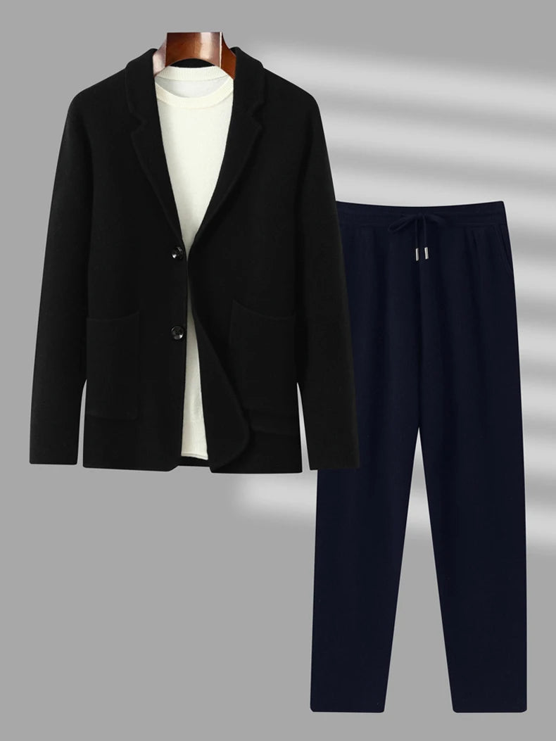 100%Cashmere Suit Men's Suit Collar Knitted Cardigan Business Casual Coat High Waisted Knitted Shorts Winter Thick Two-piece Set