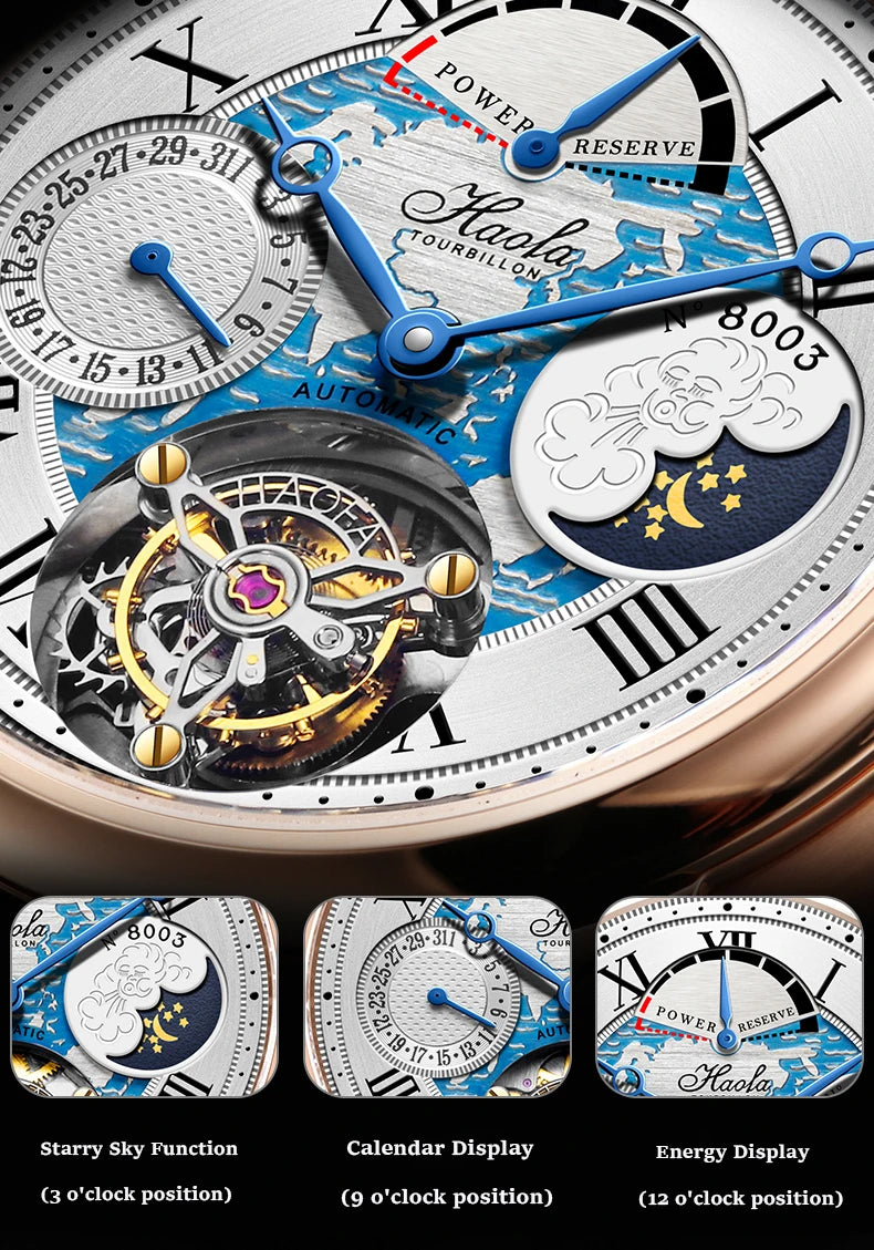 Haofa Automatic Flying Tourbillon Movement Watch Man Luxury Sapphire Skeleton Moon Phase Complete Calendar Watches For Men 8003
