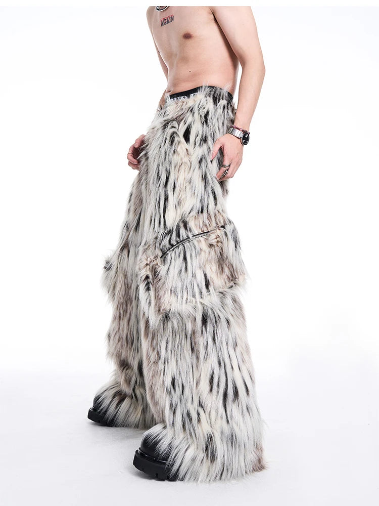 Mauroicardi Autumn Winter Long Colorful Thick Warm Hairy Fluffy Faux Fur Wide Leg Pants Men Pockets Runway Fashion Streetwear