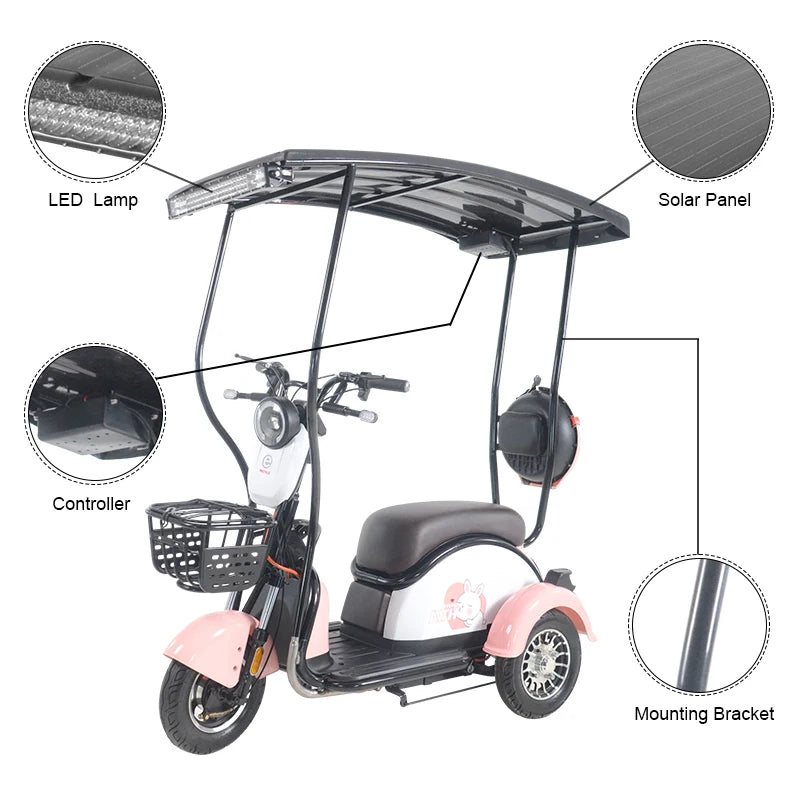 China Hot Selling 3 Wheel Scooter Adult Electric Motorcycle for Sale 3 Wheel Solar Tricycle With Roof