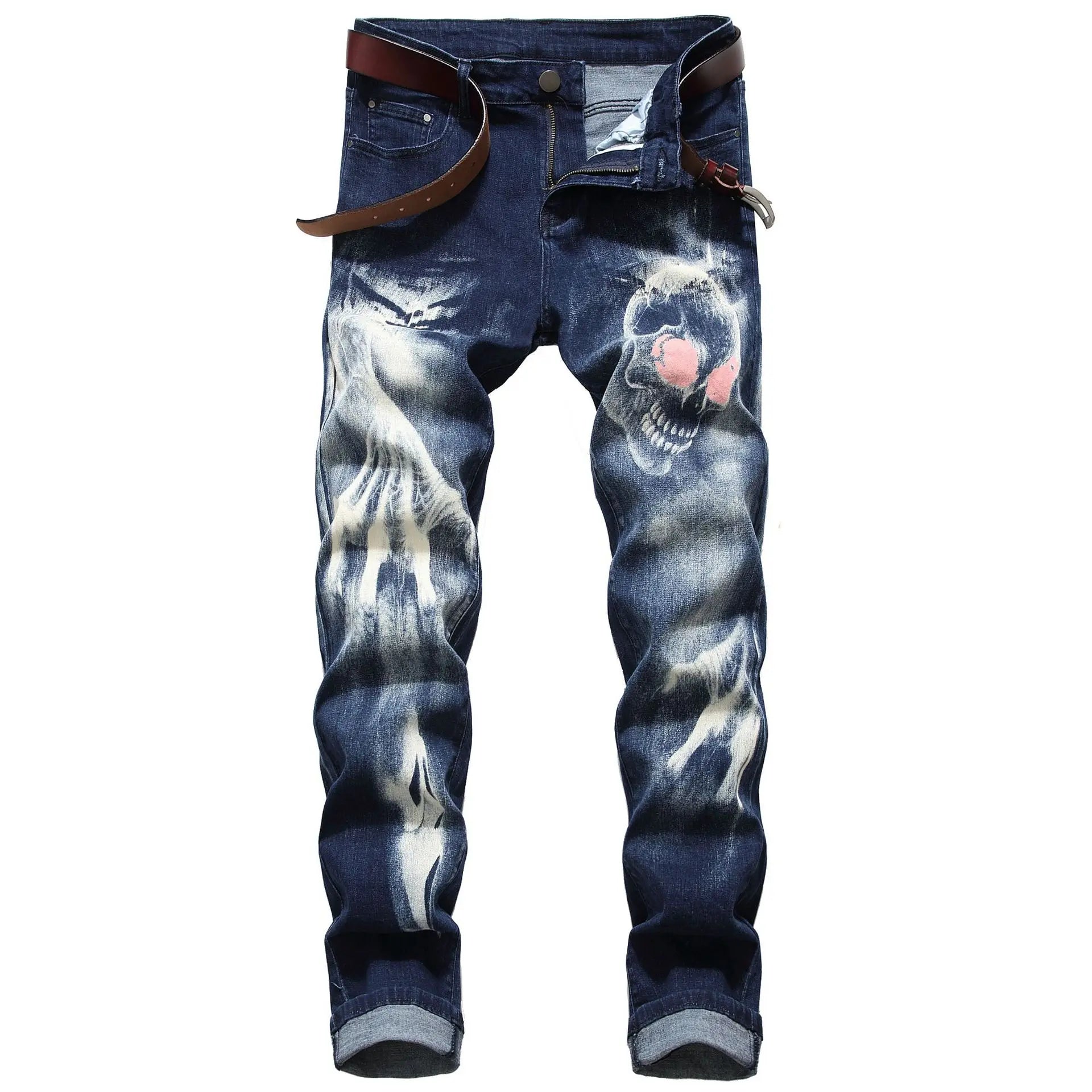 2026 Men's Blue 3D Printing Jeans, Black Wolf Pattern Printed Punk Straight Cotton Casual Print Denim Pants Asian Size 28-42