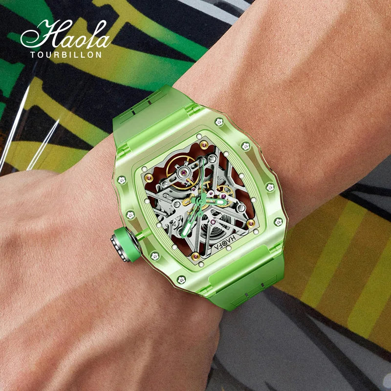 Haofa Crystal Case Automatic Man Watch 72H Power Model Skeleton Dial Self Wind Mechanical Movement Wristwatch Luxury 2203