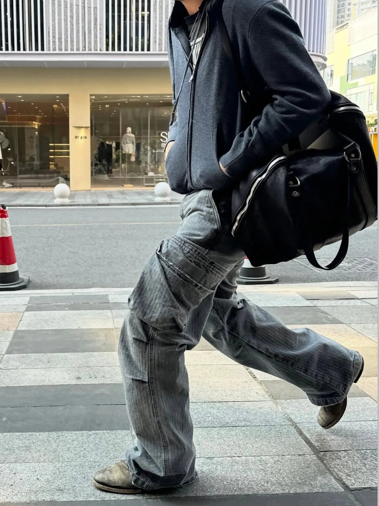 No faith studios herringbone twill grey ripped patch paint multi-pocket overalls