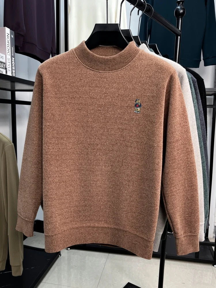 Fashion cartoon teddy bear embroidery knitted sweater high neck pullover luxury brand plush warm autumn winter casual men's wear