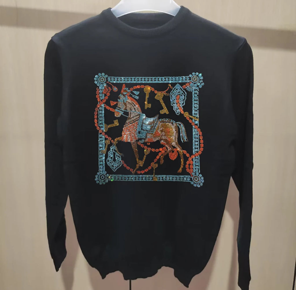 Men's Streetwear Sweater Rhinestone Skull Trendy Cartoon design Male Pullover Plus Size Black Tops Hip-Hop Round Neck Clothing
