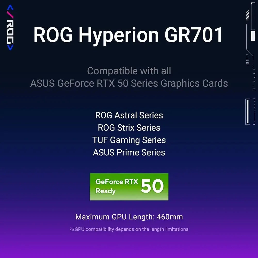 ROG Hyperion GR701 EATX ull-Tower Gaming Case, High Airlow Design, Tool-ree Side Panels, Pre-Installed 4x140mm ans, Supports 420
