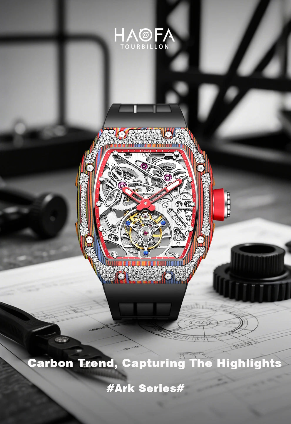 Haofa Automatic Tourbillon Man Watch Carbon Fiber Case Skeleton Mechanical Movement Men's Luxury Watch tourbillon reloj 1901-3