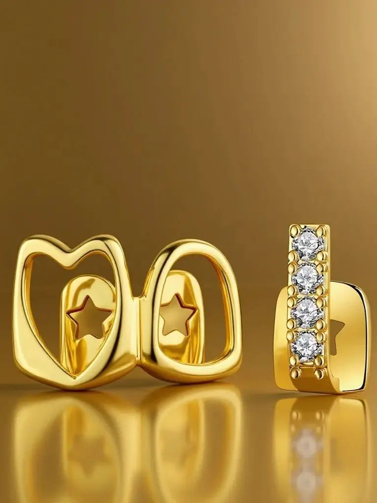 2pcs/Set Hip-Hop Hollow Out Heart Stick Diamond Double Tooth Set, Daily Street Fashion Cool Smooth Gold Teeth