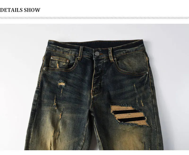 Y2k new men's jeans washed nostalgic perforated black leather patch deep blue jeans high street designer hip-hop brand high-qual