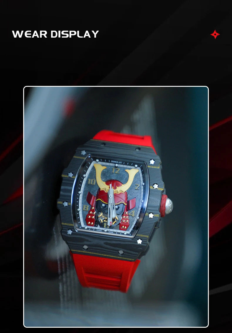 CRONUSART Men Automatic Watch Luxury Mechanical Wristwatch NTPT Carbon Fibre Tonneau Case Luminous Fluororubber Strap Skeleton