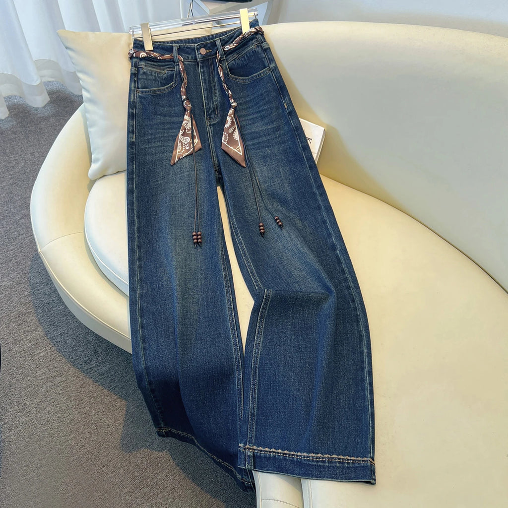 2025 Autumn New Denim Blue Wide Leg Women's Jeans Super Popular Pants with Silk Scarf Belt Fashion Straight Trousers