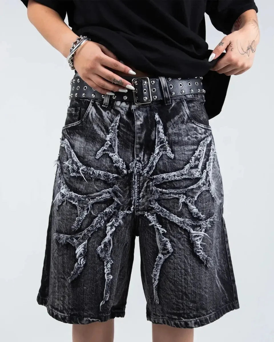 Goth Retro Men Baggy Unisex Short Pants Y2K Phantom Jeans High Street Spider Embroidered Patch Hip Hop Streetwear Straight Jeans