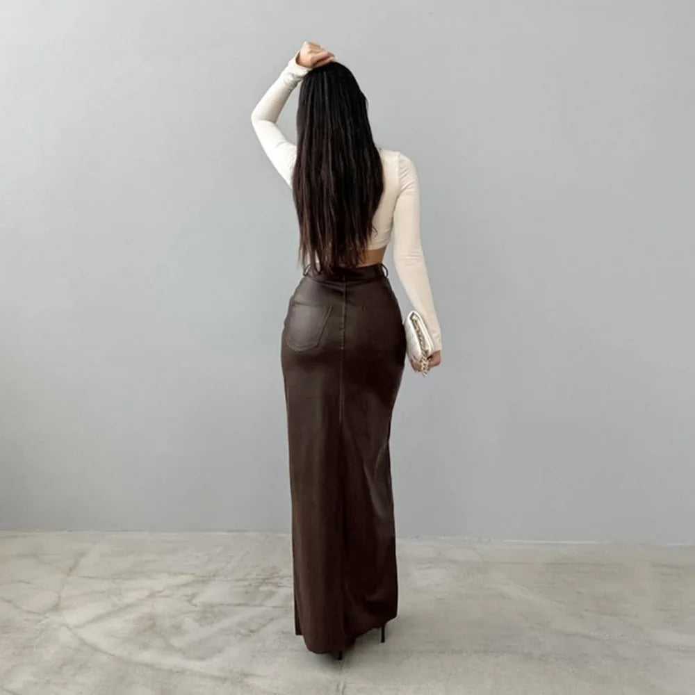 Women's Split Design Solid Color High Waist Pu Leather Skirt 2026 Spring Fall Office Lady Trendy Streetwear Long Skirts