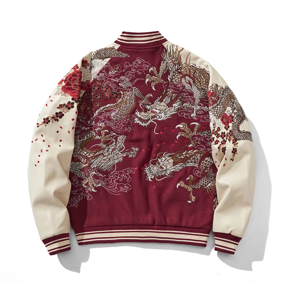 Streetwear Japanese Sukajan Souvenir Baseball Jacket 2025 Autumn Chinese Dragon Embroidered Woolen Patchwork Jacket Coat