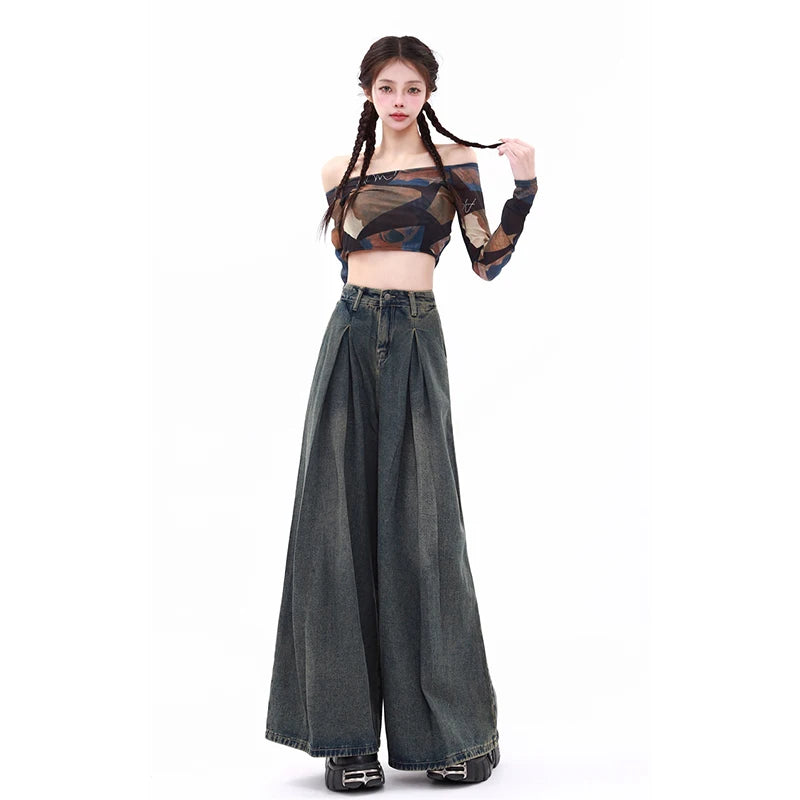 Women's Blue Y2k Jeans Baggy Harajuku Aesthetic Streetwear 2000s Trashy Oversize Denim Trousers Loose Jean Pants Vintage Clothes