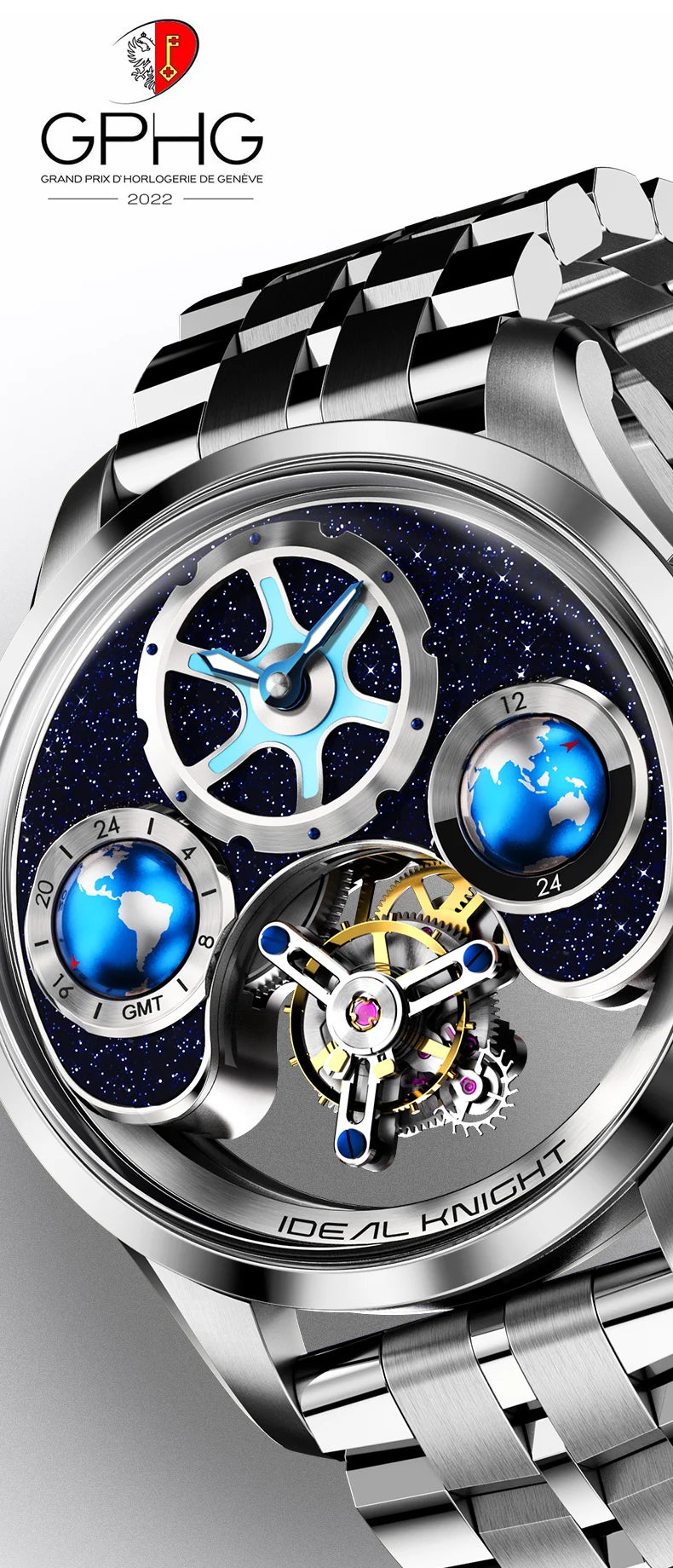 IDEAL KNIGHT Real Tourbillon Automatic Watches for Men 43mm Large Dial Blue Earth Series High-end Luxury Brand Mechanical Watch