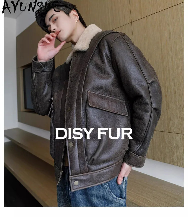 AYUNSUE Natural Sheepskin Fur Coat Men Autumn Winter New Short Real Wool Man Vintage Leather Jacket Motorcycle Fur Coats Jackets