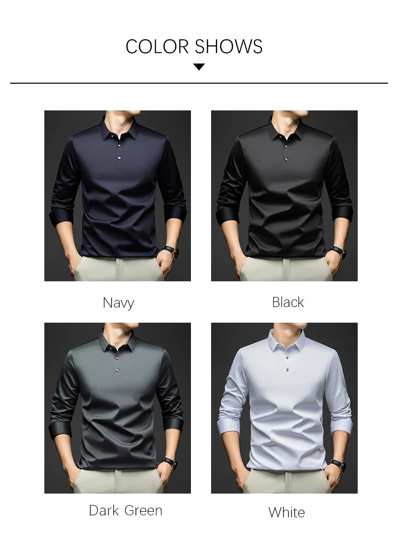 BROWON 2025 Spring Autumn Casual Work Tops Man Tshirt Long Sleeve Solid Color Soft Elegant Business Mulberry Silk T Shirt Man