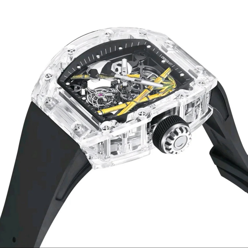 CRONUSART Men Tourbillon Watch 50mm*42mm Tonneau Sapphire Case Mechanical Wristwatch Fluororubber Strap Skeleton Panda Dial
