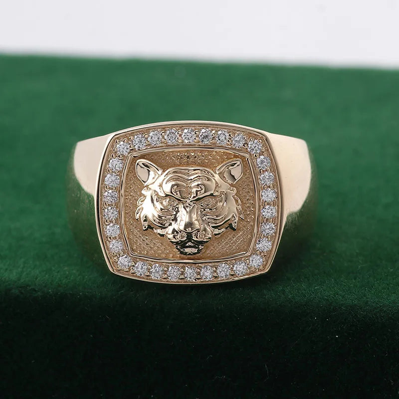 Provence Men's Tiger Head Ring 14k gold Signet Animal Ring  Statement Ring Tiger DEF/VS Lab diamond Father's Day Gifts Custom