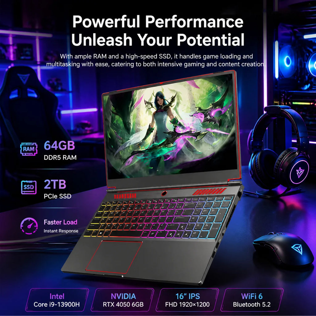 Oushedi Gaming Laptop Computer Intel Core i9-13900H NVIDIA RTX 4050 6G 16 Inch IPS 2*DDR5 MAX 64GB 2*M.2 PCIE SSD WIFI Windows11