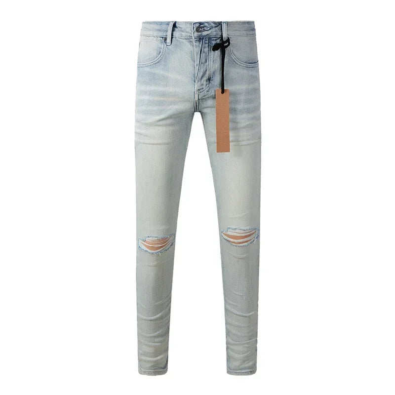 Men's High Street Distressed Light Indigo Stretch Skinny Button Fly Ripped Jeans Pants