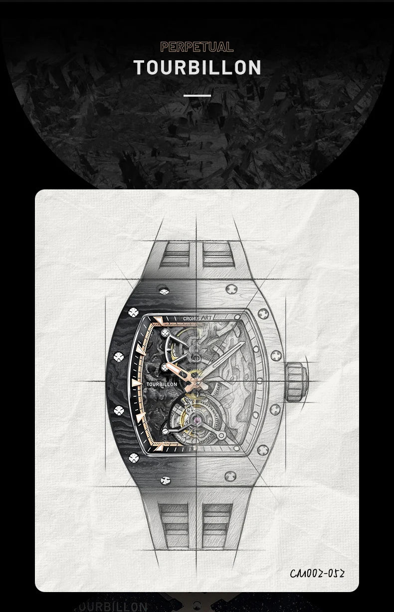 CRONUSART Men Tourbillon Watch 50mm Tonneau Mechanical Wristwatch Carbon Fiber Case & Dial Luminous Sapphire Mirror