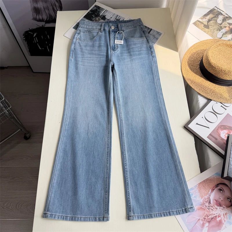 Summer Thin High Waist Slimming Bell Bottom Jeans Women's Fashion Korean Anime Leg Transformation Nine-Piece Micro Flared Denim