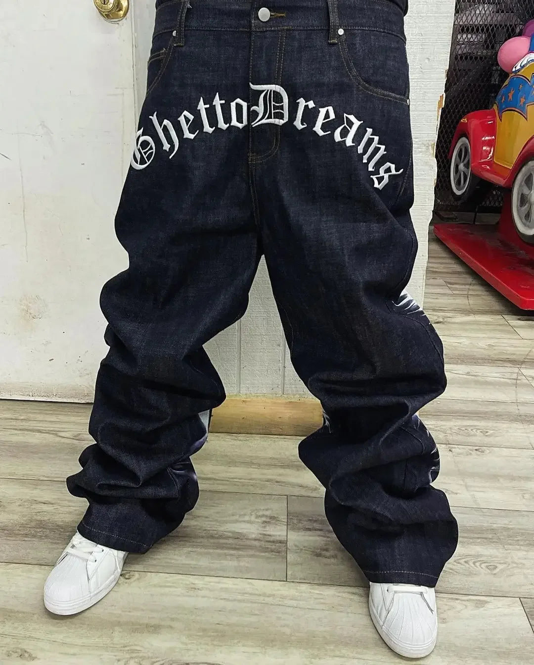 American retro god print jeans men women y2k gothic skateboard pants streetwear harajuku hip hop watermark loose slouchy jeans