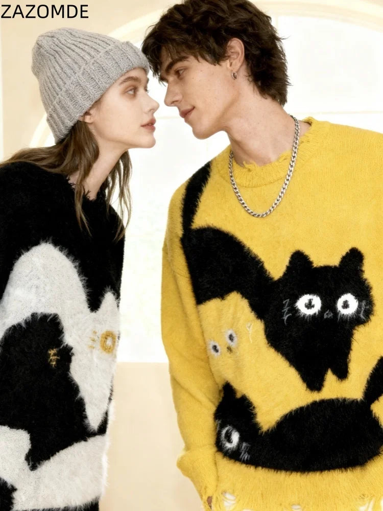 ZAZOMDE Vintage Hip Hop Yellow Sweater Cartoon Kitten Graphic Street Style Pullover Warm Retro Fashion Knit Top Men And Women