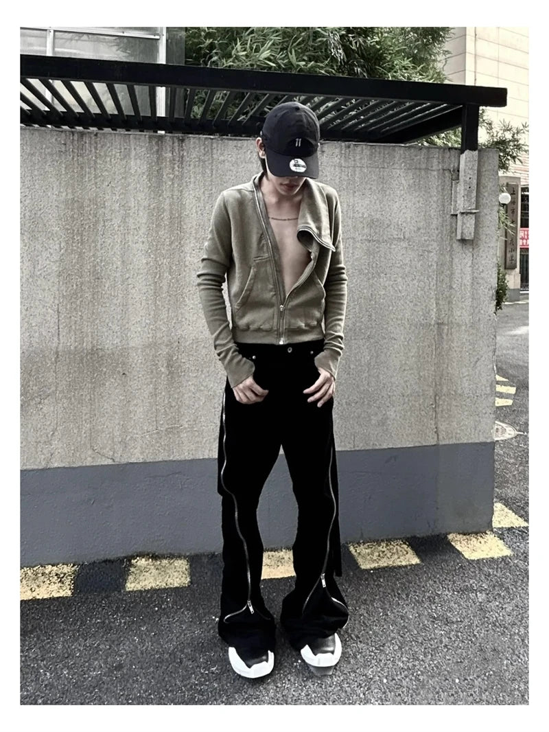 High Street RO Style Jeans Pants Men's Five Star Mang Ribbon Rotating Large Zipper Floor Pulling Horn Denim Streetwear Pants