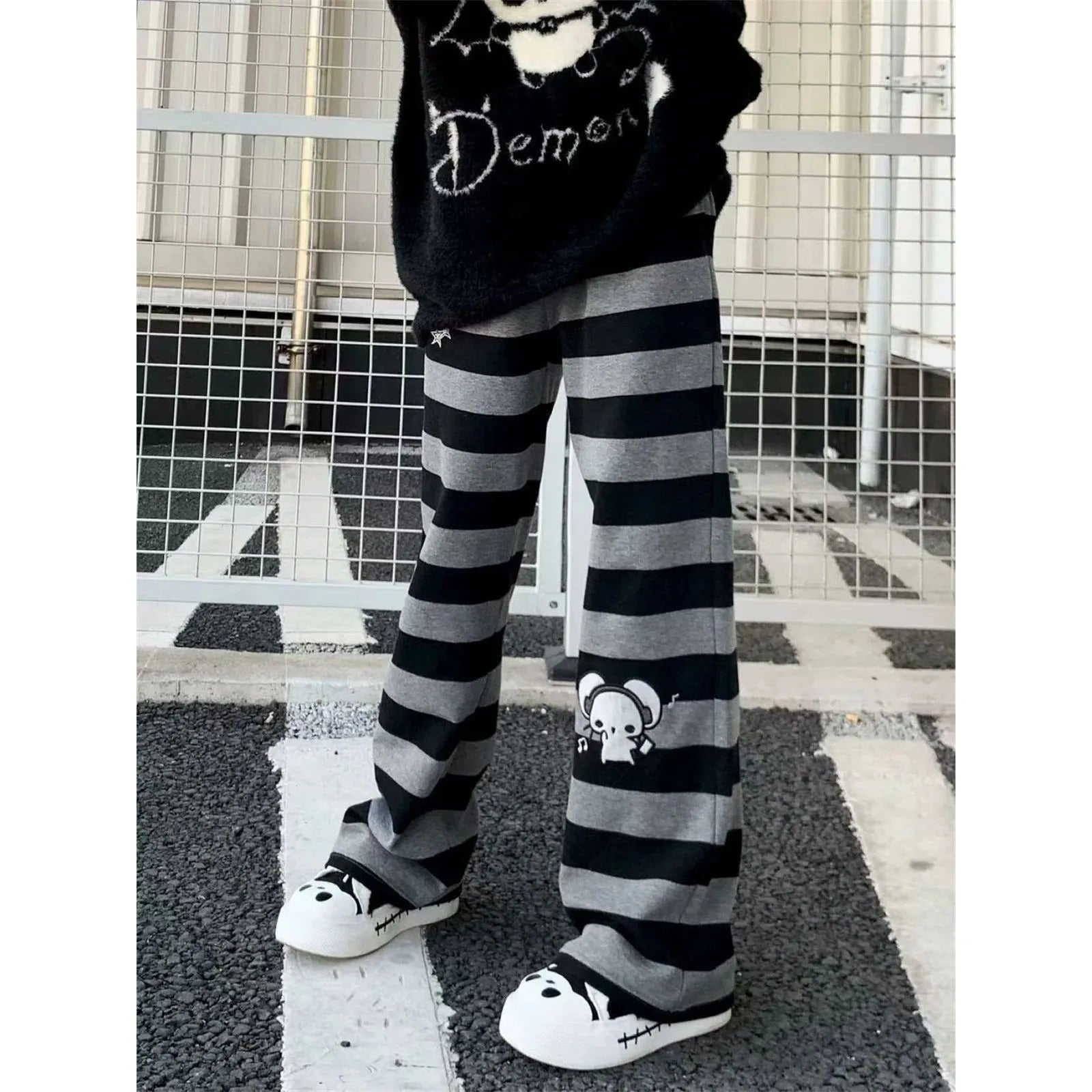 Harajuku Y2K Punk Anime Printed Striped Pants Straight Leg CleanFit PVC Material ex Neutral Sle Casual Trousers