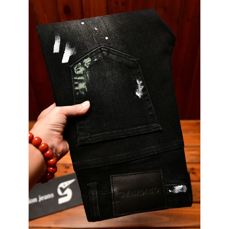 2025 Autumn American Fashion Black Jeans Men's Slim Fit Version with Piercing Patch Paint Printed Street Trendy Pants