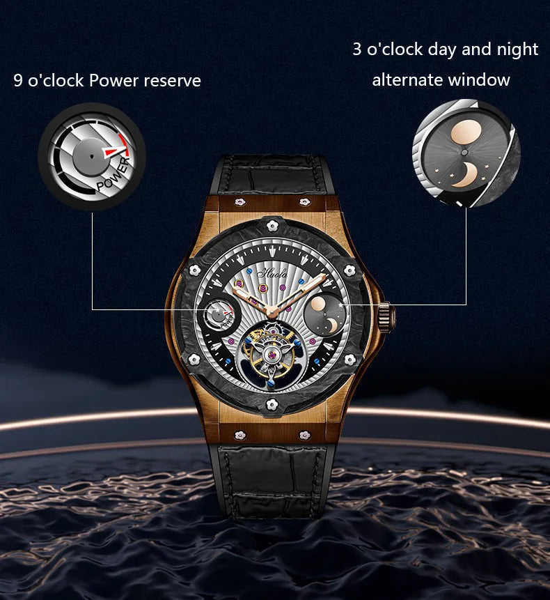 Haofa Manual Tourbillon Movement Watch for man Sapphire Mechanical Bronze Case Carbon Fiber Bezel Mens Watch Day And Night 1915T
