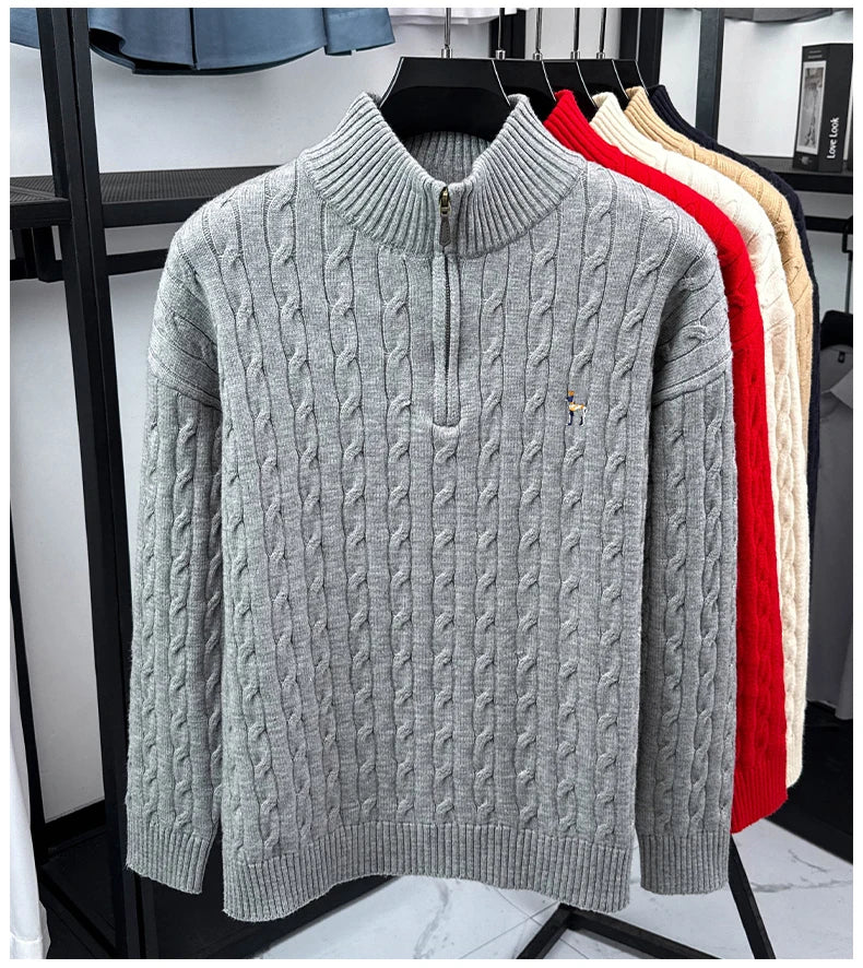 High end brand fashion jacquard sweater cartoon dog embroidery zipper semi high neck autumn winter warm men's knitted pullover