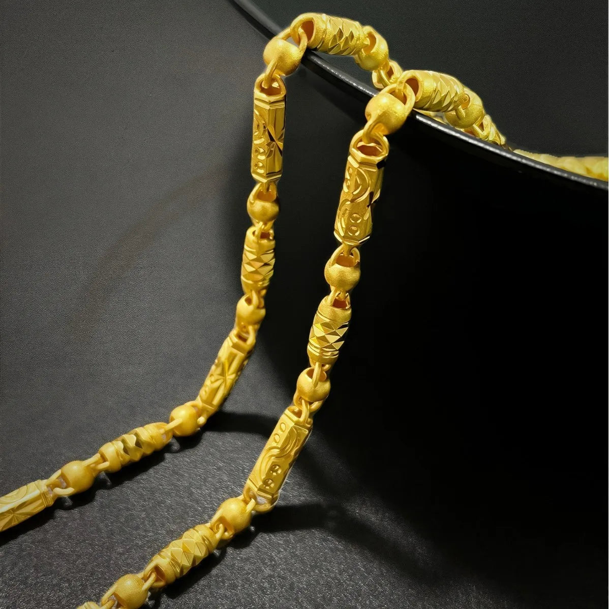 Gold store 9999 24K real gold Chinese style carving olive bamboo necklace hexagonal beads cylindrical chain men's jewelry