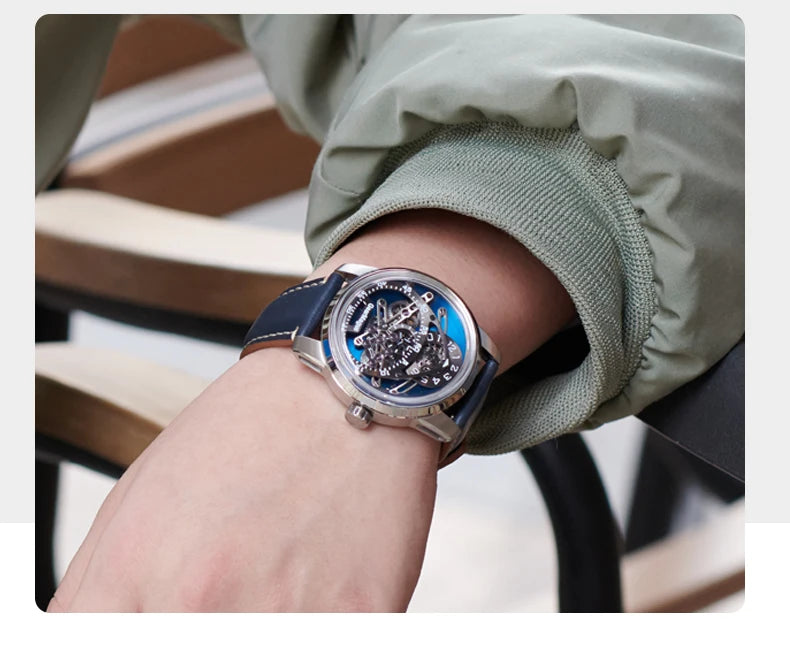 OBLVLO Men Automatic Watch 42MM Mechanical Wristwatch Luminous 50m Waterproof Sapphire Unique Concept Gear Dial SW200