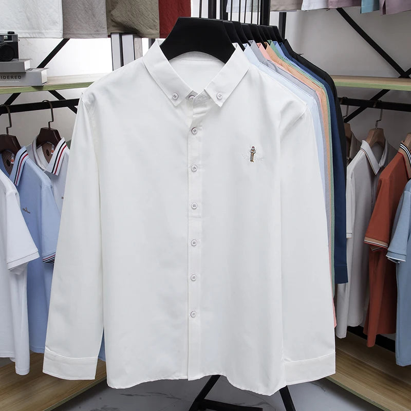 High end brand men's long sleeve shirt fashion cartoon embroidery comfort silk cotton solid color luxury golf casual lapel top