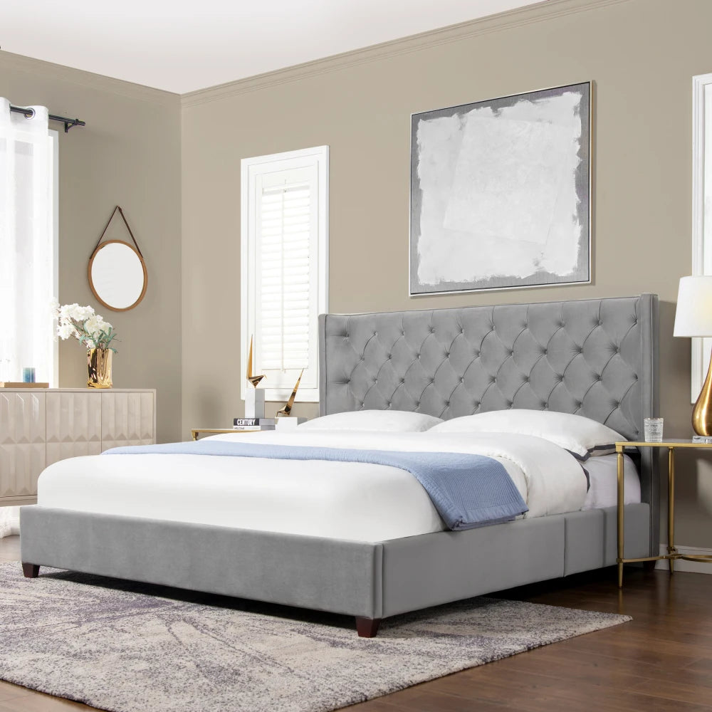 Manhattan Shelter King Platform Bed Frame - Opal Grey Velvet