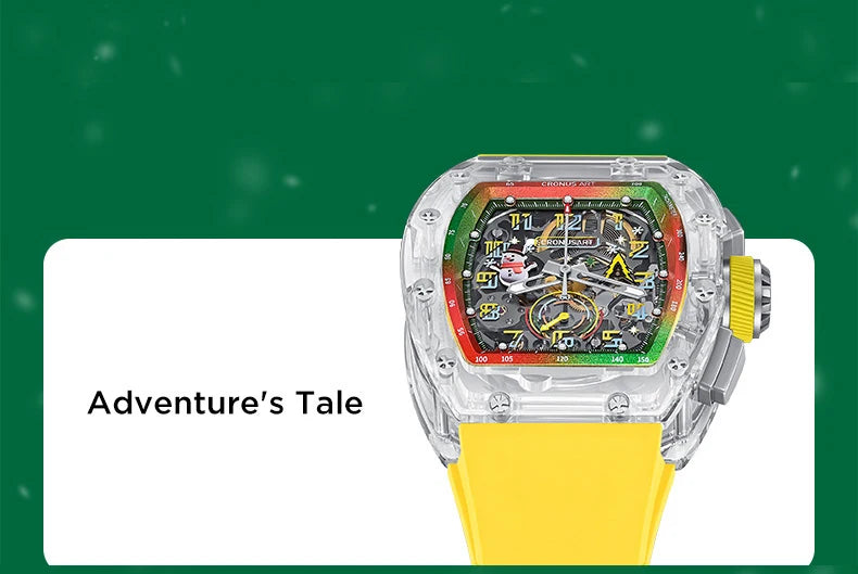 CRONUSART Men Chronograph Watch Tonneau Mechanical Wristwatch Sapphire Case Luminous Fluororubber Strap Christmas Limied Edition
