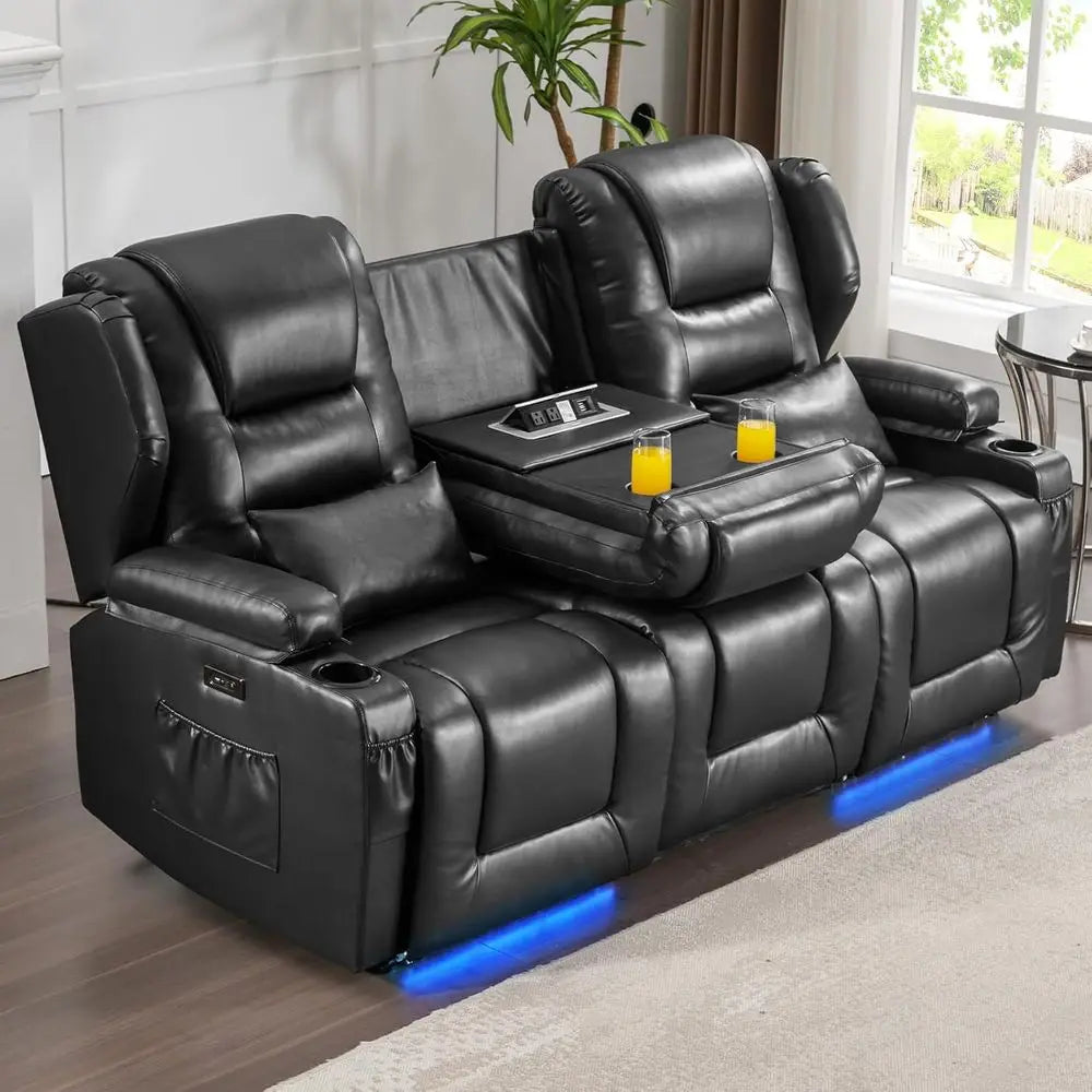Adjustable Split Back Reclining Loveseat with Storage, Cup Holders, LED Lighting - Black Auxiliary Leather Home Theater Seating