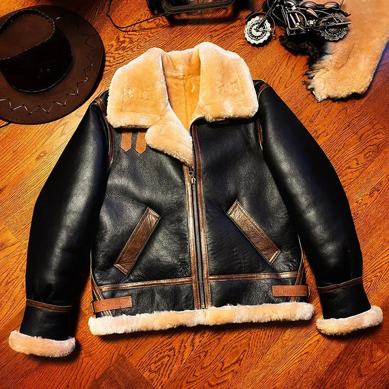 Sheepskin Suit Men's Lambskin Genuine Leather Overcoat Motorcycle Short Leather Fur Coat