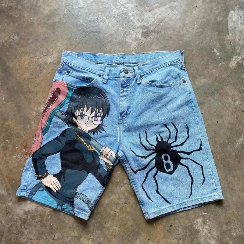 Retro American Trendy Streetwear Y2K Harajuku Anime Printed Denim Shorts Men Gothic Hip-hop Punk Loose Casual Straight Pants