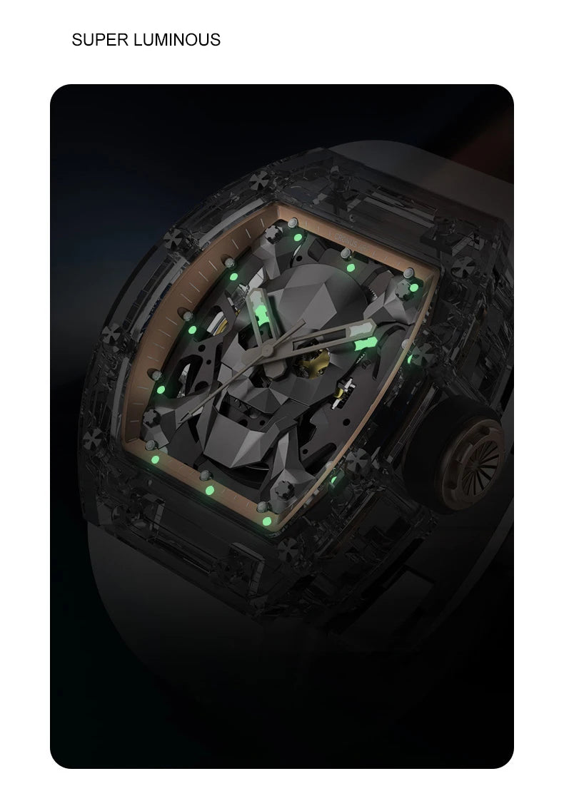 CRONUSART Men Automatic Watch 50mm Tonneau Mechanical Wristwatch Sapphire Case & Mirror Luminous Fluororubber Strap Skull Dial