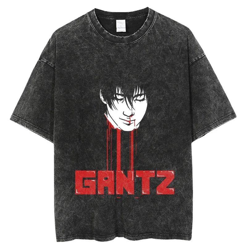 Punk GANTZ Anime T Shirt Men Vintage Washed 100% Cotton T Shirts for Men 2024 Punk Hip Hop Streetwear Harajuku Male T-shirt