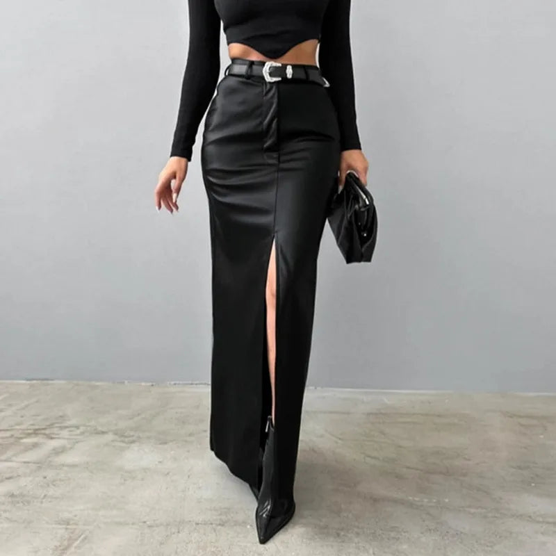 Women's Split Design Solid Color High Waist Pu Leather Skirt 2026 Spring Fall Office Lady Trendy Streetwear Long Skirts