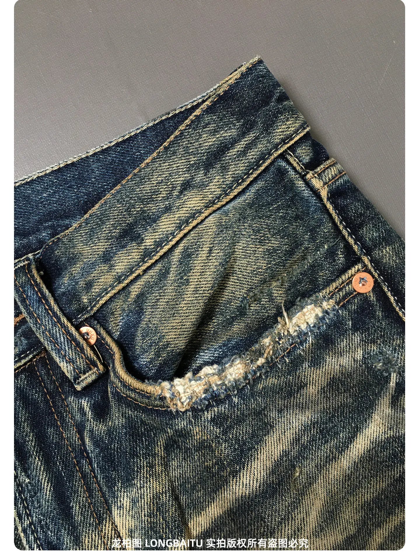 Heavyweight American Retro 100% Cotton Jeans for Men High-Street Ripped and Patched Non-Stretch Premium Loose Straight-Leg Pants