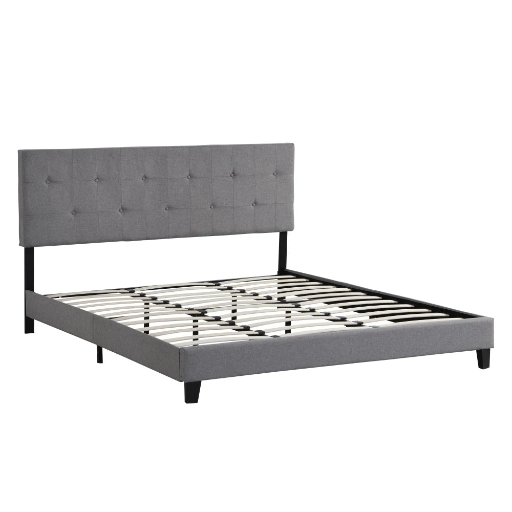 King Size Upholstered Platform Bed Frame: Button-Tufted Linen Headboard, No Box Spring, Wood Slat, Easy Assembly Gray